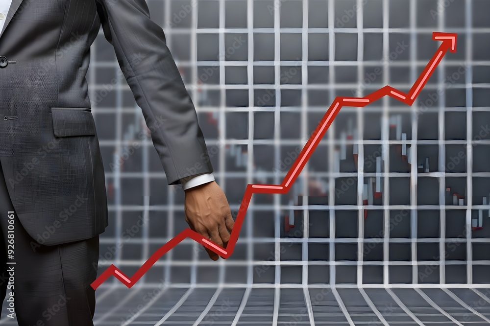 Businessman pointing at a graph with a red line going down, representing sales or profits. Businessman pointing at a graph with a red line going down, representing sales or profits.