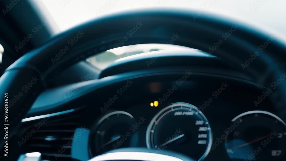 Close up view of a leather steering wheel and dashboard in a modern car interior, conveying a sense of luxury and automotive technology Close up view of a leather steering wheel and dashboard in a modern car interior, conveying a sense of luxury and automotive technology