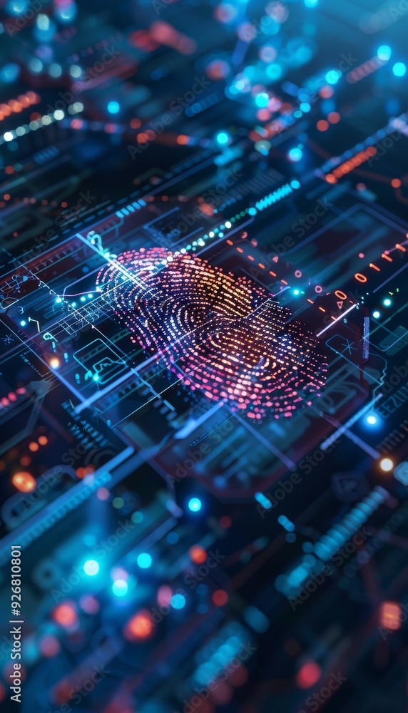 Computer analyzing fingerprint on a digital surface, highlighting advanced biometric technology Computer analyzing fingerprint on a digital surface, highlighting advanced biometric technology