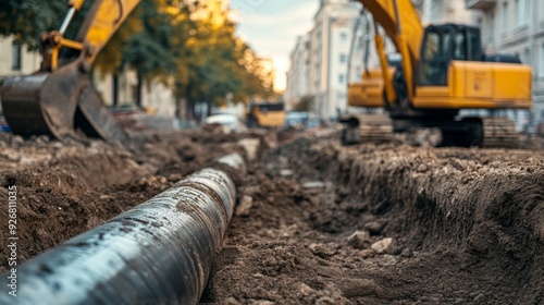 Excavator laying water pipes. Focus on one pipe in a trench, with dirt around it.