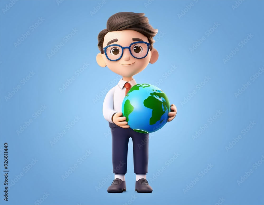 3D cartoon man in glasses holds a globe in his hands, 3D illustration 3D cartoon man in glasses holds a globe in his hands, 3D illustration
