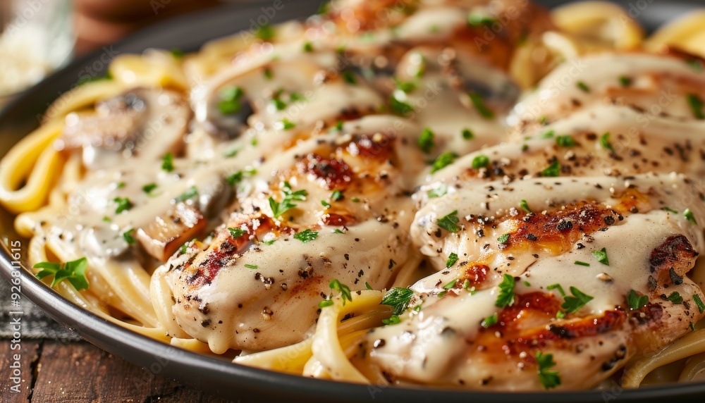 Creamy mushroom pasta chicken drizzled with cream sauce and sprinkled with parsley, served a wooden Creamy mushroom pasta chicken drizzled with cream sauce and sprinkled with parsley, served a wooden