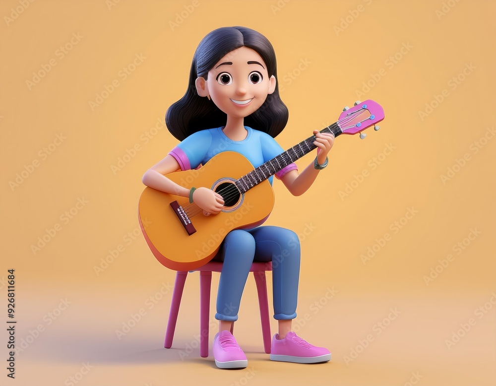 3D smiling girl sits on a stool and plays an acoustic guitar, 3D illustration 3D smiling girl sits on a stool and plays an acoustic guitar, 3D illustration