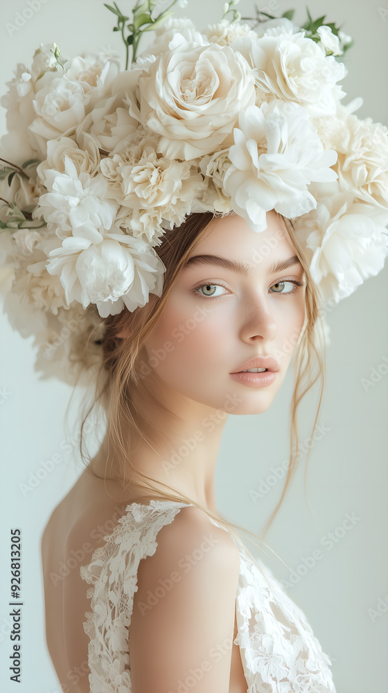 Sophisticated elegant and modern a model adorned with oversized floral headpieces and accessories posed gracefully against a soft, neutral background. Sophisticated elegant and modern a model adorned with oversized floral headpieces and accessories posed gracefully against a soft, neutral background.