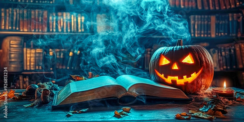 Halloween-themed scene with a glowing jack-o'-lantern on an open book in a library halloween background with copy space photo