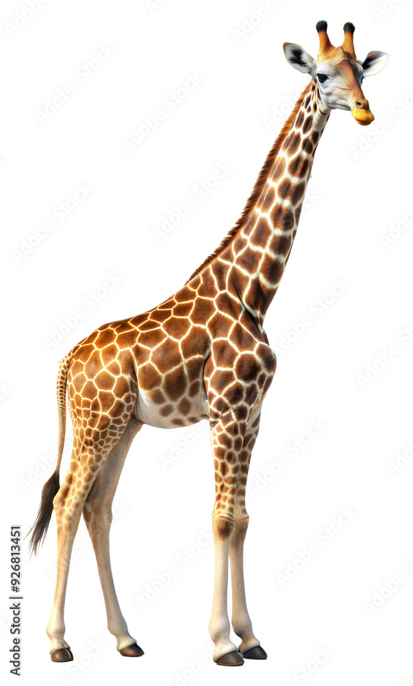 Naklejka premium Giraffe standing tall displaying unique spotted coat isolated on transparent background