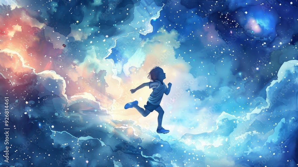 A child runs joyfully through a colorful cosmic landscape, symbolizing imagination and adventure amidst a starry sky. A child runs joyfully through a colorful cosmic landscape, symbolizing imagination and adventure amidst a starry sky.