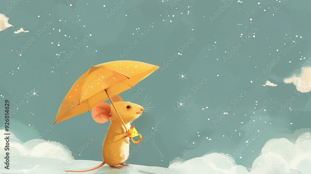 Naklejka premium A cute mouse holds a yellow umbrella, gazing at a starry sky, capturing a whimsical and magical moment of innocence.