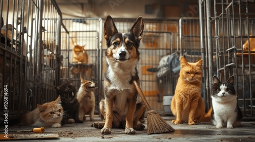 A dog holding a broom surrounded by cats in an animal shelter. The animals are in a cage-filled room, suggesting the concept of teamwork