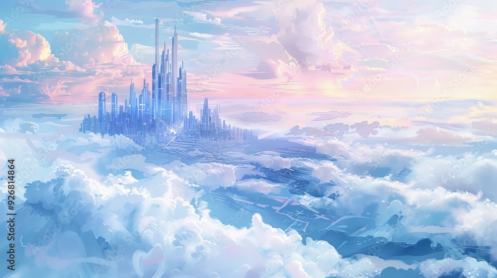 Fototapeta premium A majestic fantasy castle rises above soft clouds under a serene pastel sky, evoking a sense of wonder and tranquility.