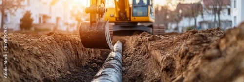 Excavator laying water pipes. Focus on one pipe in a trench, with dirt around it.