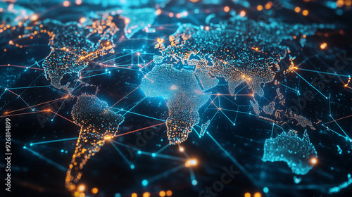 Blue and orange digital world map with network lines, showcasing global business and technological infrastructure