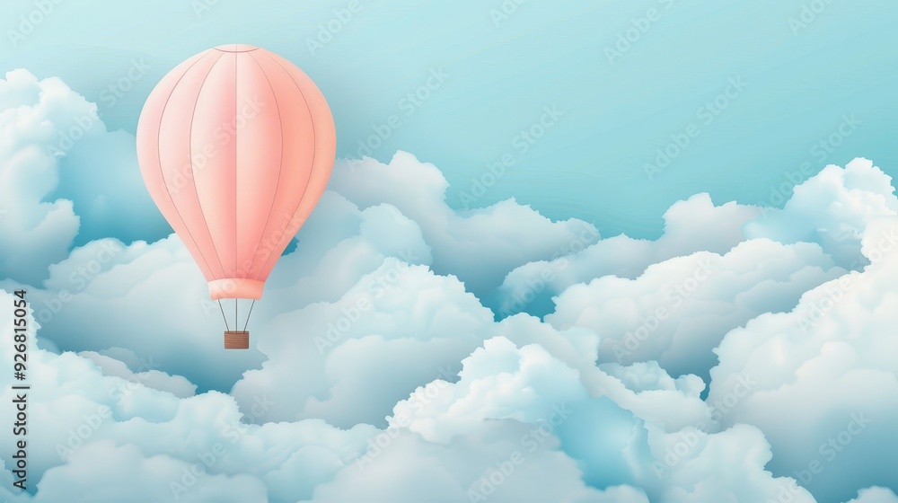 Fototapeta premium A serene hot air balloon floats gently among soft clouds in a clear blue sky, evoking a sense of adventure and peace.
