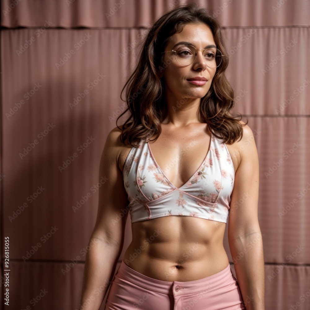 A fit, attractive woman with light skin and long, wavy brown hair. She wears a white sports bra with pink floral patterns and pink athletic pants. Her toned midriff and defined abs are visible. The ba