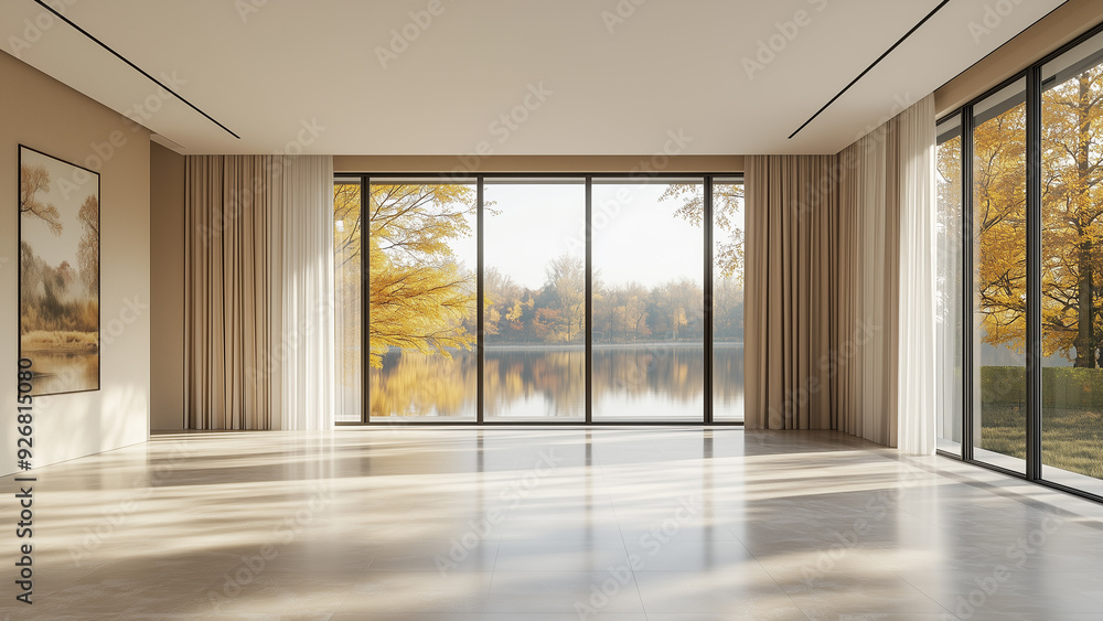 Obraz premium Modern Minimalist Interior: Floor-to-Ceiling Windows and Lake View