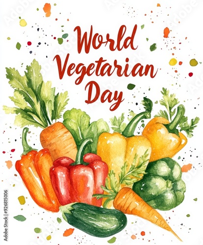 Celebrate World Vegetarian Day with vibrant illustrations of fresh vegetables including peppers, carrots, and cucumbers surrounded by colorful splashes. Generative AI