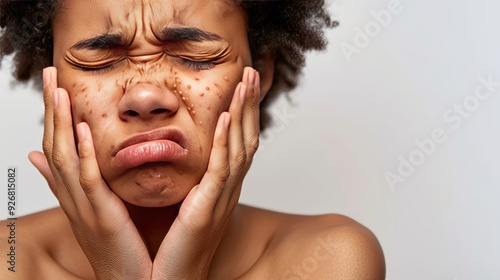 Close-up Portrait Of Sad African American Woman With monkey pox rash On Her Face, Skincare Concept.