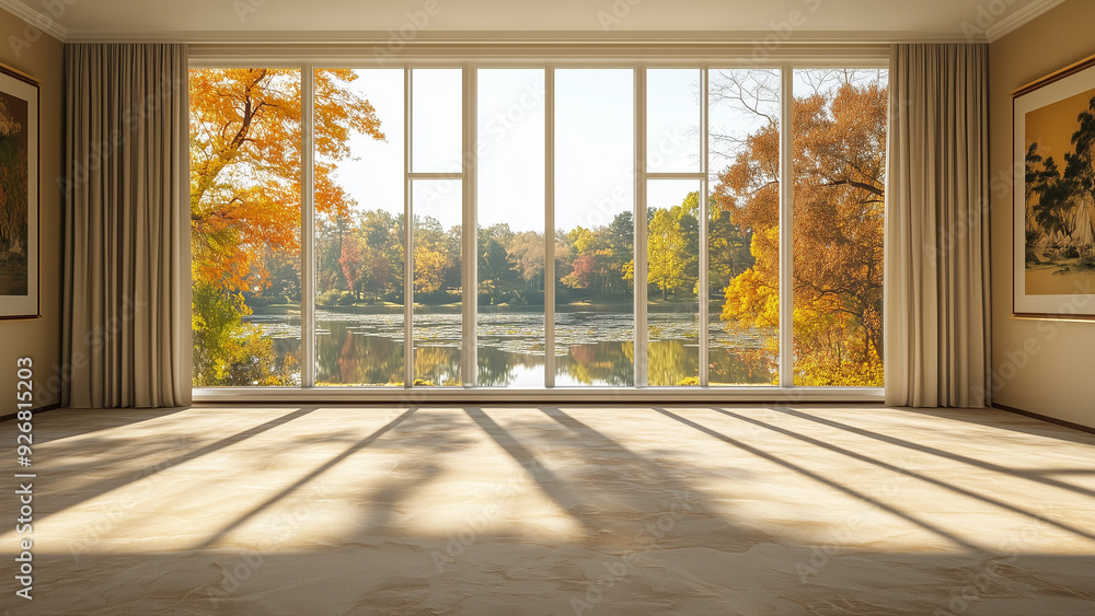 Serene Minimalist Room with Lake View: Autumn Sunlight Serene Minimalist Room with Lake View: Autumn Sunlight