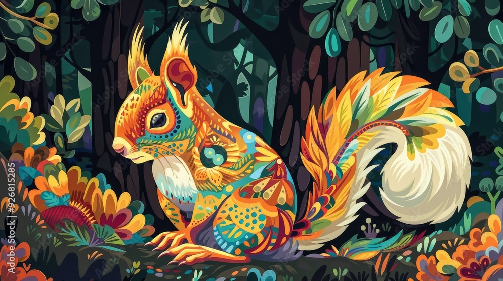 Obraz premium A vibrant, stylized squirrel amidst a lush forest with intricate floral designs, showcasing nature's beauty and creativity.