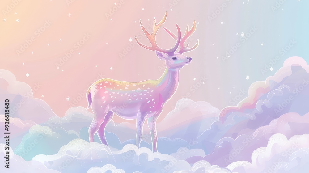 A whimsical illustration of a majestic deer standing on clouds, radiating pastel colors in a dreamy sky atmosphere. A whimsical illustration of a majestic deer standing on clouds, radiating pastel colors in a dreamy sky atmosphere.