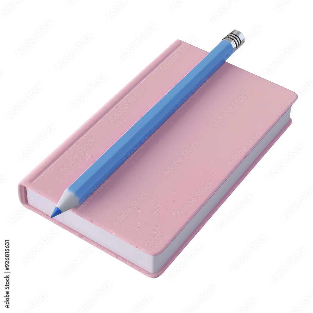 Pink hardcover notebook with blue pencil isolated on transparent background Pink hardcover notebook with blue pencil isolated on transparent background
