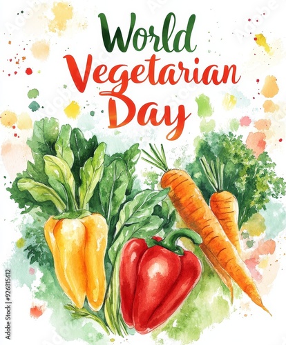 Celebrating World Vegetarian Day with vibrant vegetables and a colorful background featuring peppers, carrots, and leafy greens. Generative AI