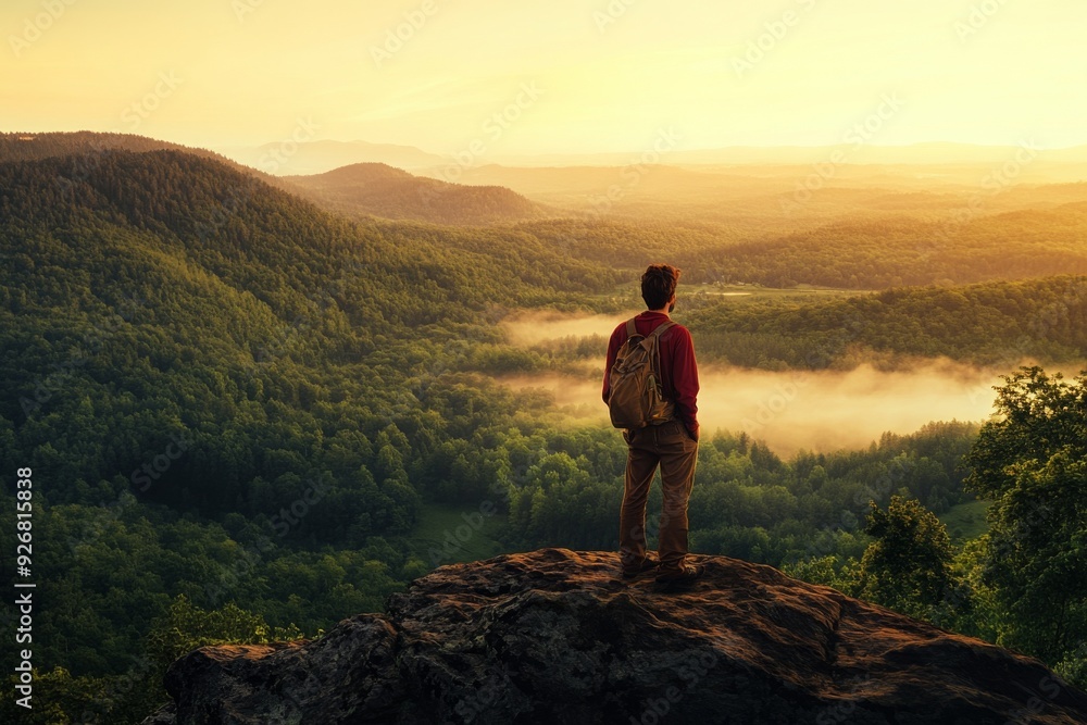 Naklejka premium Man in Red Shirt Standing on Mountain Overlooking Green Valley and Misty Forest at Sunrise, with Orange Sky and Trees, High-Resolution Landscape