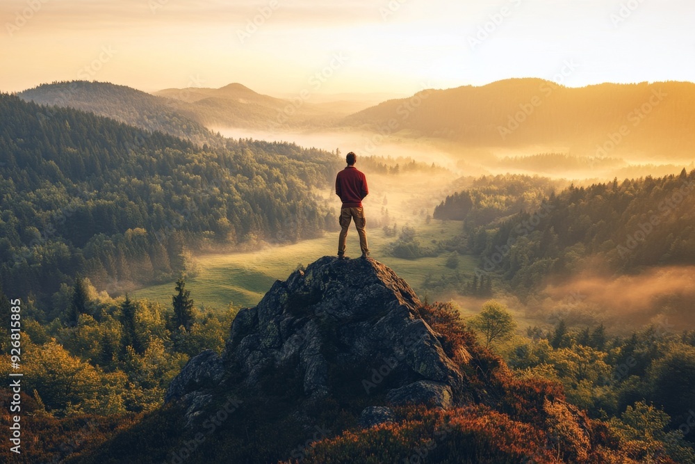 Fototapeta premium Man in Red Shirt Standing on Mountain Overlooking Green Valley and Misty Forest at Sunrise, with Orange Sky and Trees, High-Resolution Landscape