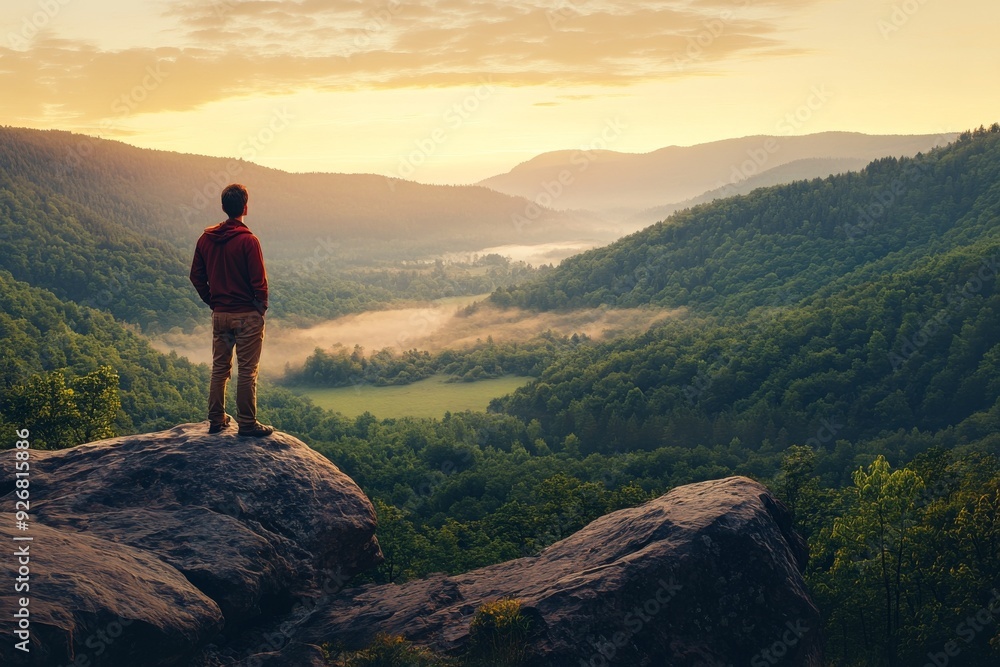 Man in Red Shirt Standing on Mountain Overlooking Green Valley and Misty Forest at Sunrise, with Orange Sky and Trees, High-Resolution Landscape Man in Red Shirt Standing on Mountain Overlooking Green Valley and Misty Forest at Sunrise, with Orange Sky and Trees, High-Resolution Landscape