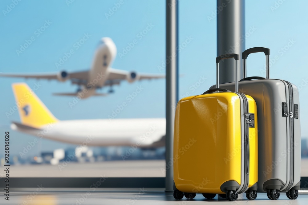 3D Render of Yellow and Grey Luggage at an Airport with Airplane in Background and Blurred Window Frames 3D Render of Yellow and Grey Luggage at an Airport with Airplane in Background and Blurred Window Frames