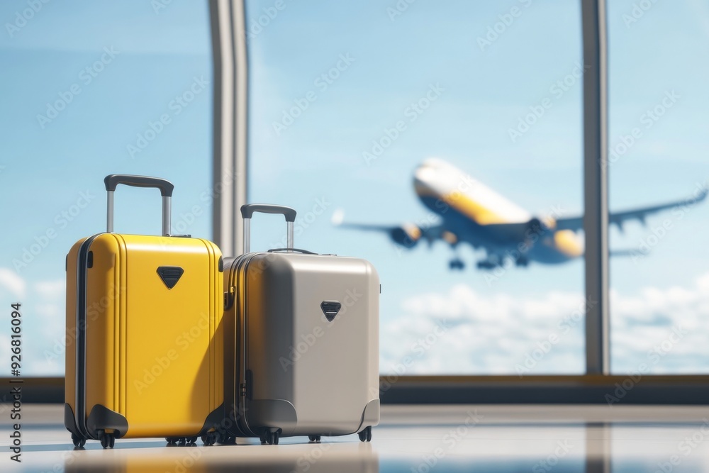 3D Render of Yellow and Grey Luggage at an Airport with Airplane in Background and Blurred Window Frames 3D Render of Yellow and Grey Luggage at an Airport with Airplane in Background and Blurred Window Frames