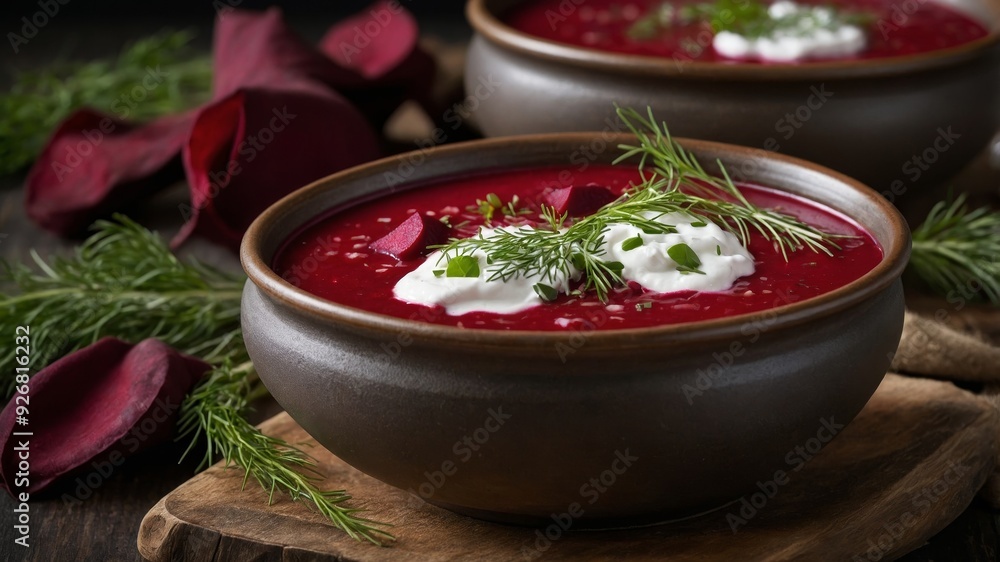 Close-Up of Russian Borscht with Sour Cream and Dill Close-Up of Russian Borscht with Sour Cream and Dill
