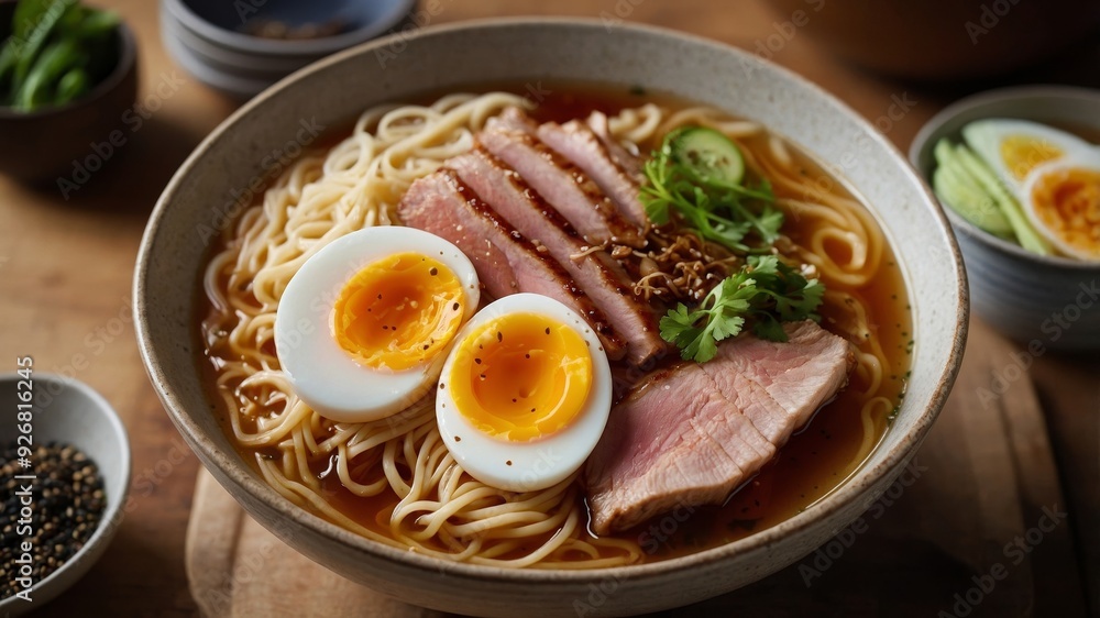 Close-Up of Japanese Ramen with Soft-Boiled Egg and Pork Belly Close-Up of Japanese Ramen with Soft-Boiled Egg and Pork Belly