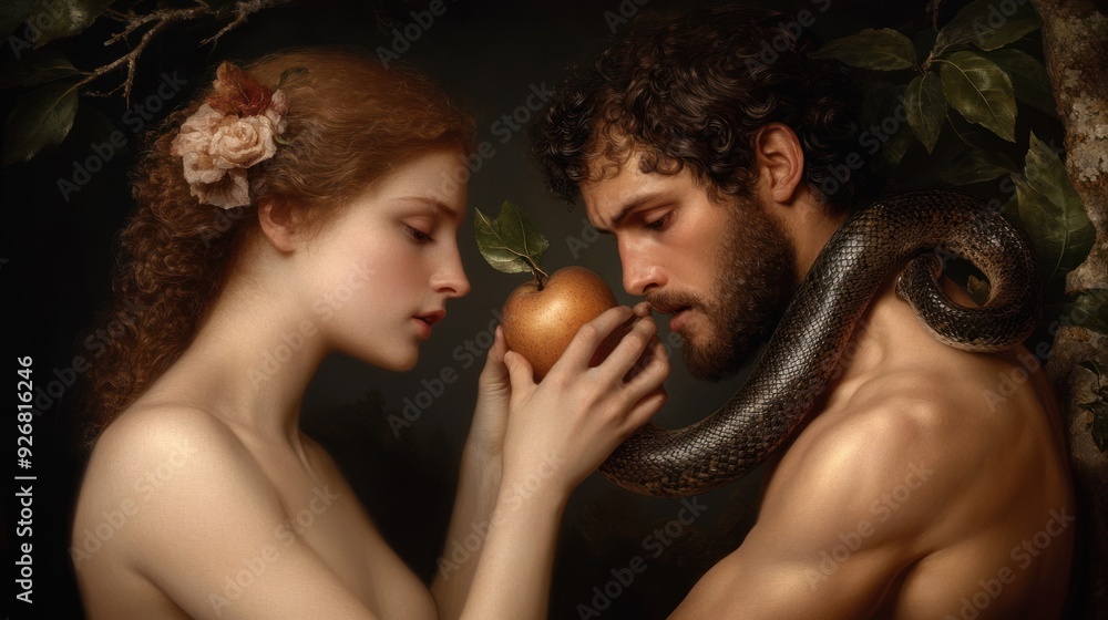 Fall of innocence: Adam and Eve in the garden of eden, confronted by ...