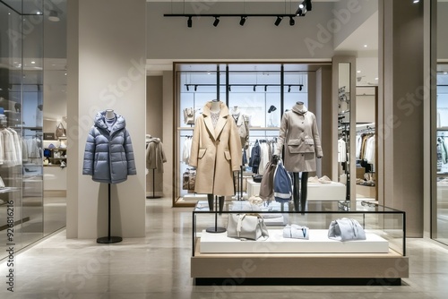Elegant store interior with mannequins displaying women's winter coats and jackets, modern design, grey walls, concrete floor, and bright lighting.