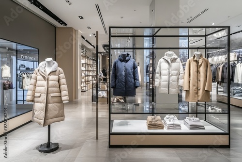 Wallpaper Mural Elegant store interior with mannequins displaying women's winter coats and jackets, modern design, grey walls, concrete floor, and bright lighting. Torontodigital.ca