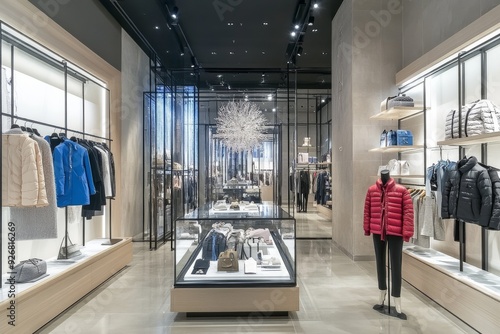 Elegant store interior with mannequins displaying women's winter coats and jackets, modern design, grey walls, concrete floor, and bright lighting.