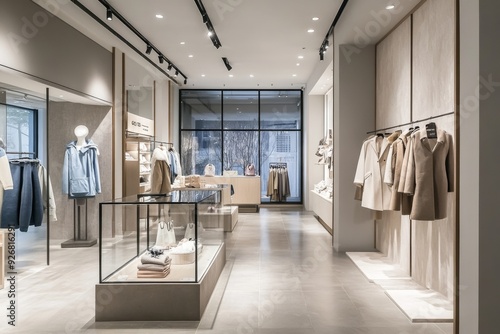 Elegant store interior with mannequins displaying women's winter coats and jackets, modern design, grey walls, concrete floor, and bright lighting.