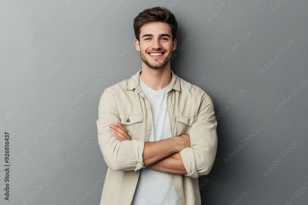 Portrait of a smiling young man in a beige shirt, standing with arms crossed, looking casually at the camera against a gray background. Portrait of a smiling young man in a beige shirt, standing with arms crossed, looking casually at the camera against a gray background.