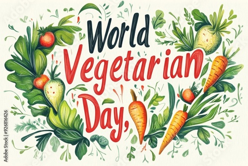 Celebrate World Vegetarian Day with vibrant vegetables and leafy greens in an artistic illustration featuring cheerful carrots, radishes, and other fresh produce. Generative AI