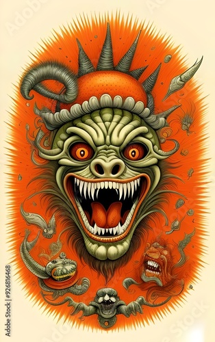 an illustration of an evil orange, psychedelic character, wicked, surreal, bizarre, neon, abstract, eerie, spooky, twisted, creepy, ominous, vibrant, trippy, distorted, chaotic, otherworldly