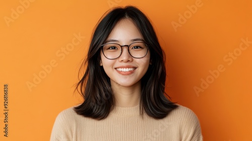 A woman with shoulder length hair, wearing glasses and a beige sweater, smiles warmly at the camera in front of an orange background.