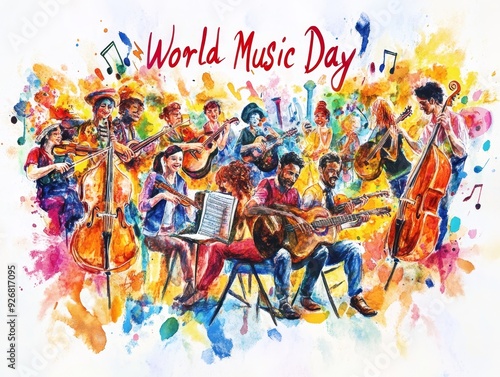 Celebration of World Music Day with diverse musicians playing various instruments in vibrant colors and joyous atmosphere. Generative AI