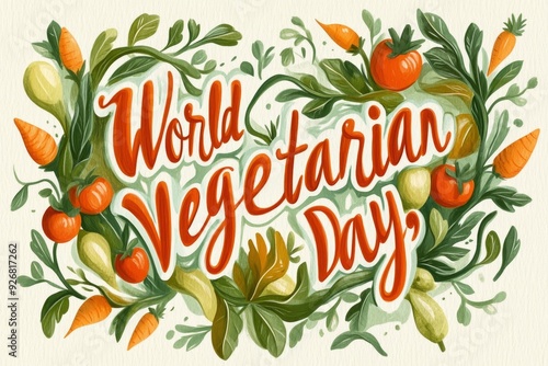 Celebrating World Vegetarian Day with vibrant vegetables and hand-lettered text in a colorful illustration. Generative AI