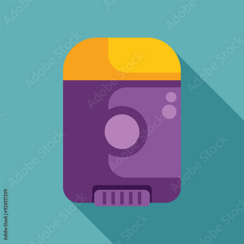 Illustration of a washing machine, depicted as a simple icon in purple and yellow with a long shadow on a teal background