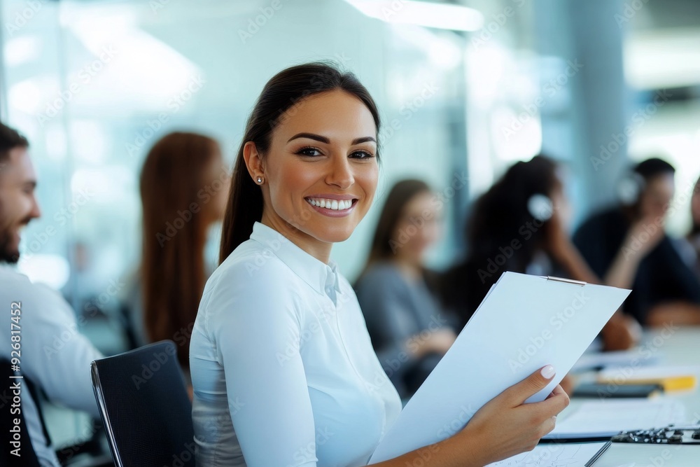 Confident young businesswoman presenting during a team meeting, holding a document and smiling while leading a conference call in a modern office environment. Confident young businesswoman presenting during a team meeting, holding a document and smiling while leading a conference call in a modern office environment.