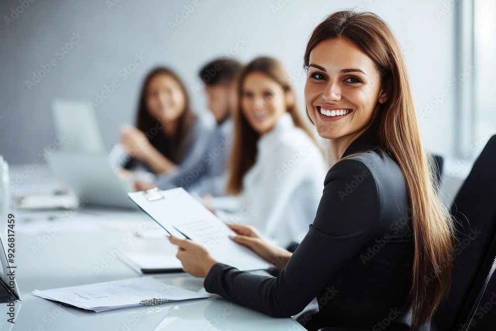 Confident young businesswoman presenting during a team meeting, holding a document and smiling while leading a conference call in a modern office environment. Confident young businesswoman presenting during a team meeting, holding a document and smiling while leading a conference call in a modern office environment.