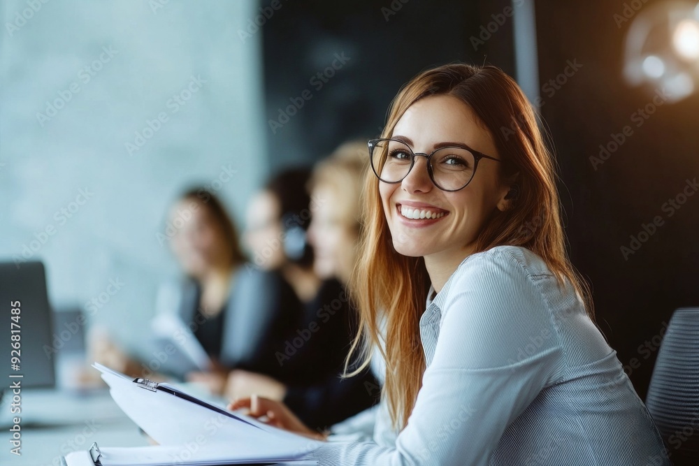 Confident young businesswoman presenting during a team meeting, holding a document and smiling while leading a conference call in a modern office environment. Confident young businesswoman presenting during a team meeting, holding a document and smiling while leading a conference call in a modern office environment.