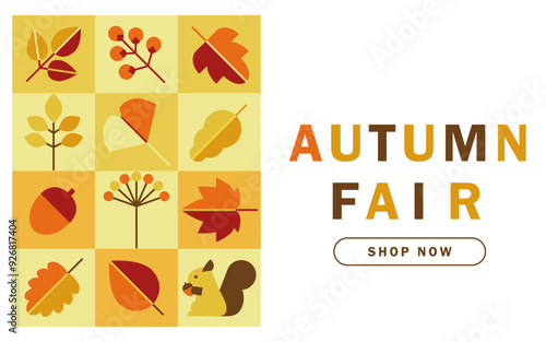オータムフェアのバナーデザイン ( ベクター 紅葉 葉っぱ 栗鼠 秋 暖色 ウェブ ショッピング セール )