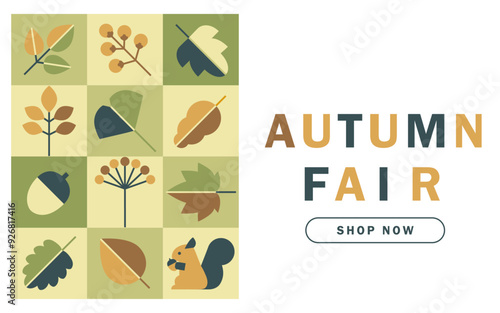 Tableau sur toile オータムフェアのバナーデザイン ( ベクター 紅葉 葉っぱ 栗鼠 秋 緑 シック ウェブ ショッピング セール )